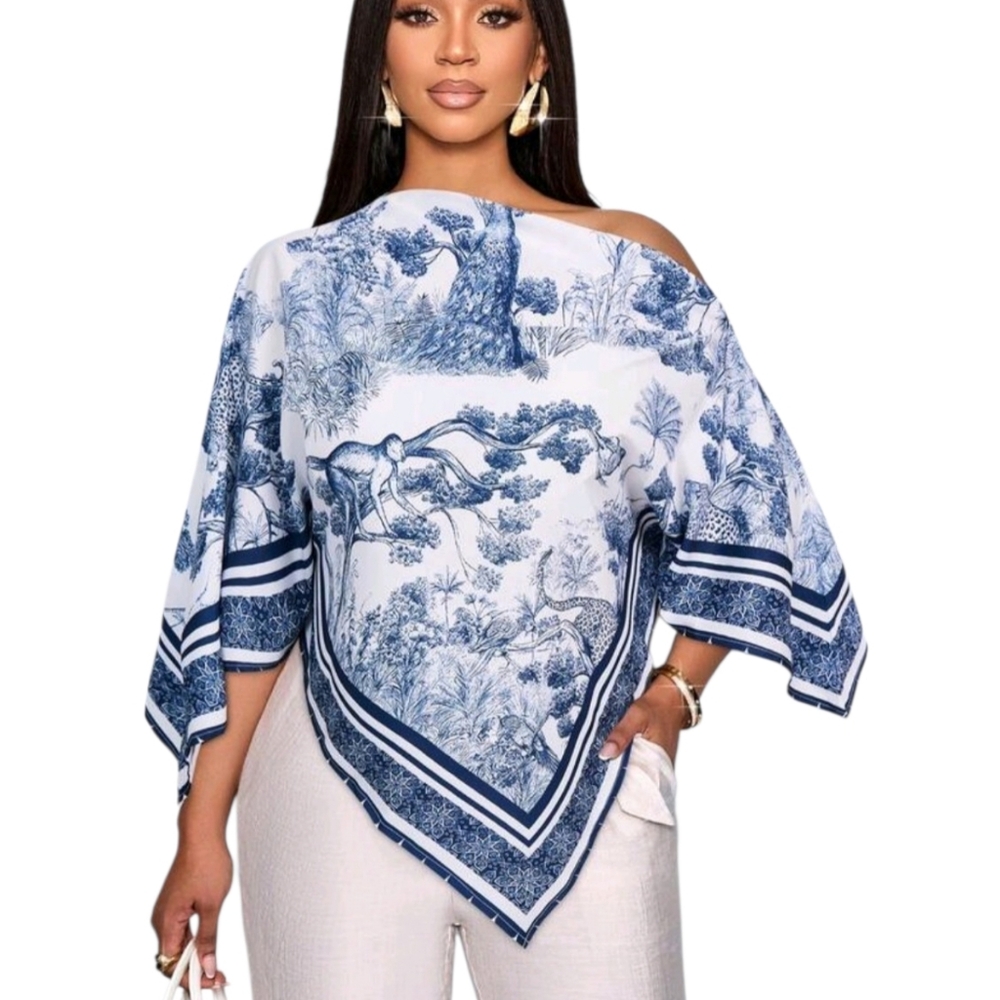 Blue and White Scenic Print Asymmetric Poncho Top